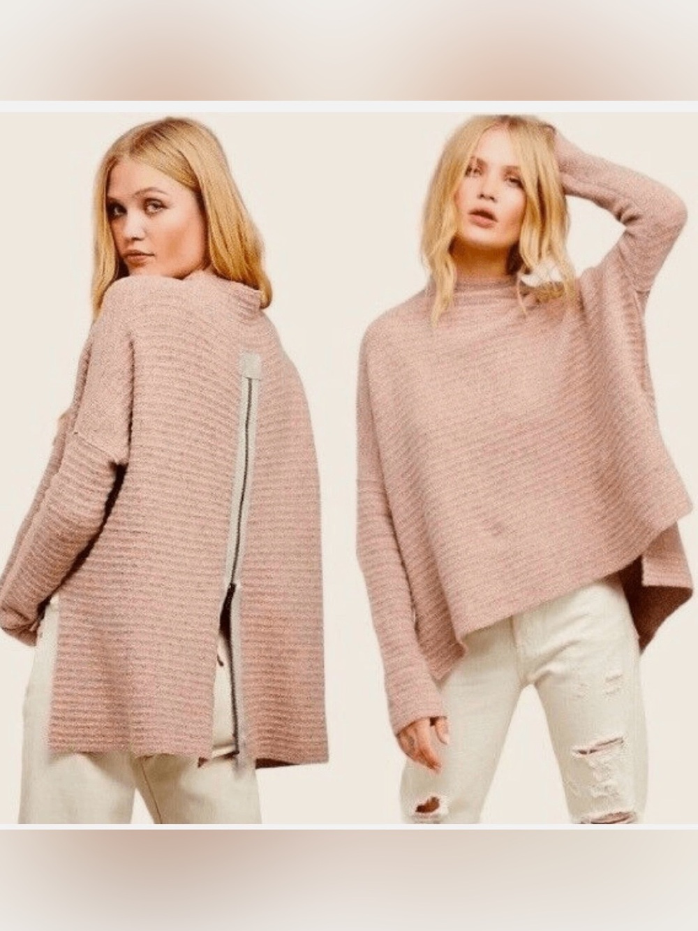Free People Arctic Fox zip back Ribbed Poncho Sweater in Dusty Pink M